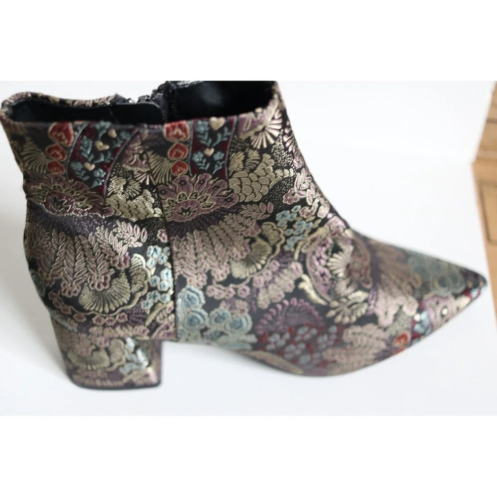 Alex Marie Jacquard Floral Black Multicolor Ankle Bootie Zip Pointed Toe Sz 7.5M